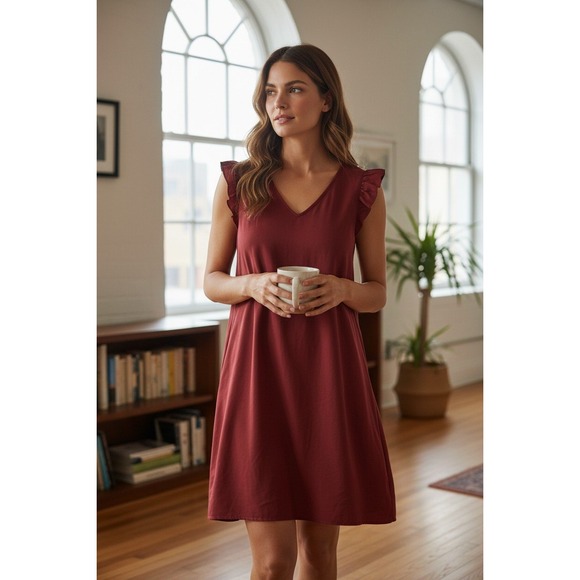 LOFT Dresses & Skirts - Loft Shift Dress Women Red Ruffle Cap Sleeve V-Neck Size 8